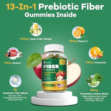 13-in-1 Prebiotic Fiber Gummies for Adults - Digestive Support with Greens Blend & ACV, Sugar Free Apple Flavor for Gut Health & Regularity - 60 Vegan Gummies, Non-GMO - Image 2