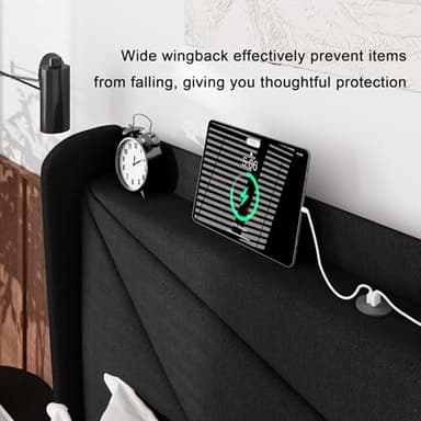 Feonase Queen Size Bed Frame with Charging Station, Linen Upholstered Platform Bed Frame with Wingback Storage Headboard, Solid Wood Slats Support, No Box Spring Needed, Noise Free, Black - Image 5