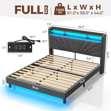 Rolanstar Full Size Bed Frame, Storage Headboard with Charging Station and LED Lights, Upholstered Bed with Heavy Duty Wood Slats, No Box Spring Needed, Noise Free, Easy Assembly, Dark Grey - Image 2