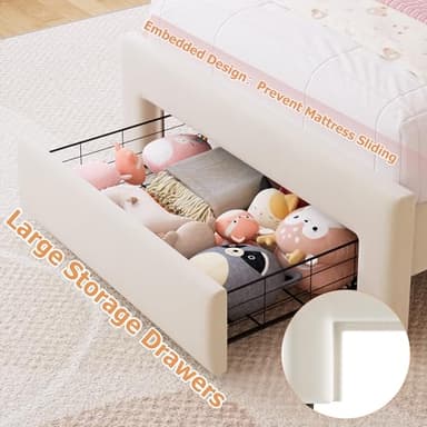 Twin Upholstered LED Bed Frame with Storage Drawer and Adjustable Chic Double Wavy Headboard, Velvet Princess Platform Bed for Kids/Girls, Solid Wood Slats Support, No Box Spring Needed, Beige - Image 4