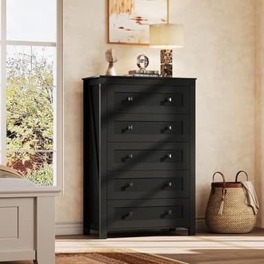 WLIVE Farmhouse 5 Drawer Dresser for Bedroom, Wood Dresser Storage Organizer, Tall Black Dressers with Double Rustic Handle, Chest of Drawers for Living Room, Hallway, Closet - Image 8