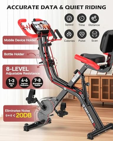 pooboo Folding Exercise Bike - 4-in-1 Magnetic X-Bike, Foldable Upright Indoor Cycling Stationary Bike with 8-Level Resistance, Pulse Sensor, Arm Resistance Bands, Back Support Cushion & Bottle Holder - Home Gym Workout Equipment - Image 4