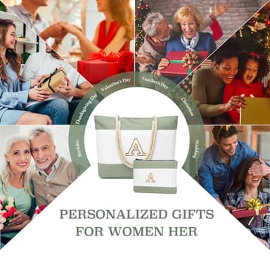 Becokan Initial Beach Bag Waterproof Canvas Beach Tote Bag Zipper Personalized Gifts for Women Her Birthday Travel Essentials (A, Light Green 2 pcs) - Image 6