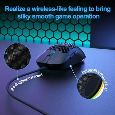 TMKB Falcon M1SE Ultralight Honeycomb Gaming Mouse, High-Precision 12800DPI Optical Sensor, 6 Programmable Buttons, Customizable RGB, Drag-Free Paracord, Ergonomic Wired Gaming Mouse - Matte Black - Image 5