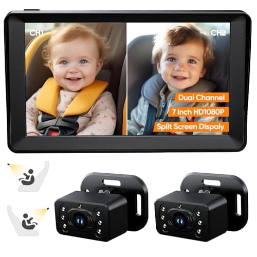 Baby Car Camera for 2 Kids - 7 Inch HD1080P Split Screen Baby Monitor with Dual Backseat Camera 150° Wide View & 360° Rotatable, Night Vision Easy Install, Rear-Facing Baby Car Mirror - Image 1