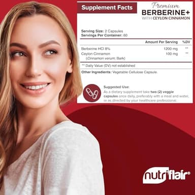 NutriFlair Premium Berberine HCL 1200mg, 120 Capsules - Plus Pure True Ceylon Cinnamon, Berberine HCI Root Supplements Pills - Immune System - yields an Optimal 8% HCl - Image 2