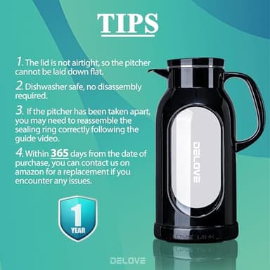 Delove 68 oz/2 Liter Glass Pitcher with Shatterproof Shell - Heat Resistant Glass Liner - Stainless Steel Lid - Carafe & Jug for Iced Tea,Hot/Cold Water,Homemade Juice Beverages (Black) - Image 6