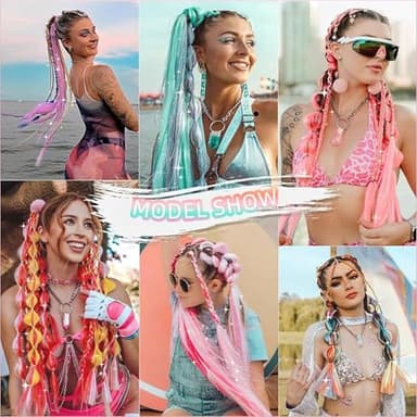 Newshair Colorful Ponytail Extension with Hair Tie, 26 inch Ombre Braid Ponytail Blend Hair Tinsel for Holiday Party Rainbow Festival(100g 1 Packs #Light Purple/Dark Green/Dark Purple) - Image 7