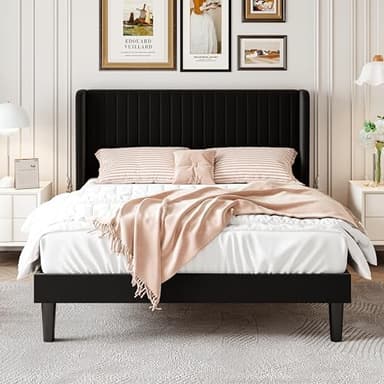 SHA CERLIN Queen Size Velvet Bed Frame with Vertical Channel Tufted Wingback Headboard, Upholstered Platform Bed with Wood Slats, No Box Spring Needed, Easy Assembly, Black - Image 5