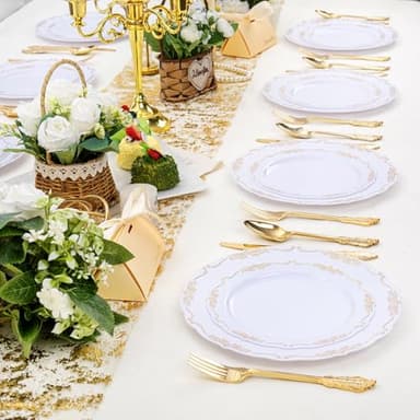 DaYammi 60PCS White and Gold Plastic Plates, Thanksgiving Plates Disposable Heavy Duty Disposable Platos Premium 10inch White Dinner Platos Hard Plastic Plate for Party Wedding Bridal Shower - Image 6