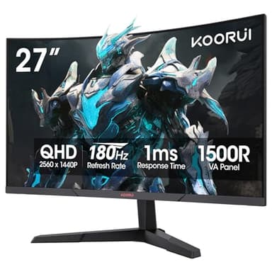 KOORUI 27 Inch Curved Gaming Monitor QHD (2560 x 1440) 180Hz, 1ms 1500R Display, Adaptive Sync, 90% DCI-P3, HDMI 2.0 & DisplayPort 1.4, VESA, Tilt, Eye Care, 27E6QCA - Image 1