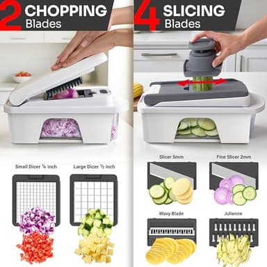 Mueller Pro-Series All-in-One, 12 Blade Mandoline Slicer for Kitchen, Food Chopper, Vegetable Slicer and Spiralizer, Cutter, Dicer, Grater, Kitchen Gadgets Sets with Container, White Sand/Gray - Image 4
