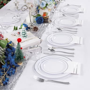 GATHER 700PCS Silver Plastic Plates - Silver Plate Set 100Guest - Disposable Dinnerware Sets 100Silver Rim Dinner Plates 100Silver Dessert Plate 100Paper Napkins&Cups&silver Plastic Silverware Set - Image 2