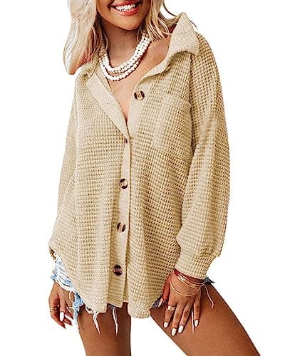 Dokotoo Women Shirts Long Sleeve Waffle Knit Top Plus Size Shacket Lightweight Collared V Neck Button Up Blouses Casual Fashion Spring Jacket Women Apricot Medium - Image 1