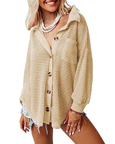 Dokotoo Women Shirts Long Sleeve Waffle Knit Top Plus Size Shacket Lightweight Collared V Neck Button Up Blouses Casual Fashion Spring Jacket Women Apricot Medium - Image 1