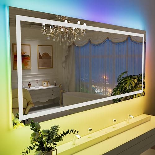 LOAAO 60”X40“ RGB LED Bathroom Mirror with Lights, Large, Anti-Fog, Dimmable Smart Lighted Bathroom Vanity Mirror, Multiple Light Modes, RGB Backlit + Front Light, Memory Function, Tempered Glass - Image 1