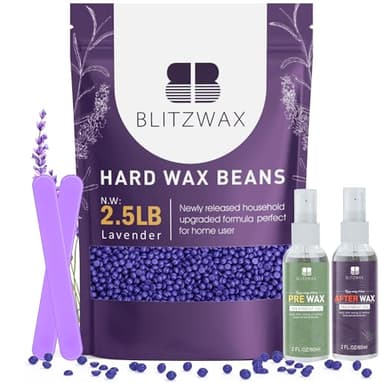 BLITZWAX 2.5lbs Hard Wax Beads for Hair Removal Lavender Waxing Beans for Sensitive Skin, Face, Eyebrows, Brazilian, Legs and Bikini - with 2 Silicone Sticks and 2 Wax Oils for Home and Salon Use - Image 1