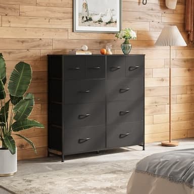 WLIVE Dresser for Bedroom with 10 Fabric Drawers, Tall Chest Organizer Units for Clothing, Closet, Storage Tower with Cabinet, Metal Frame, Wooden Top, Black Dresser for Living Room - Image 2
