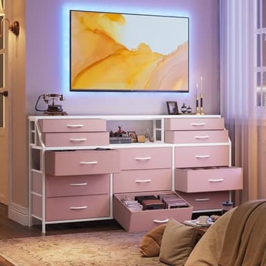 Romorgniz 55" W Pink Dresser for Bedroom with Deep Fabric Drawers, Long Chests of Drawers with 2 Open Wooden Shelves, Large Vanity Dressers for Entryway, Dorm, Sturdy Metal Frame, Wood Top - Image 9
