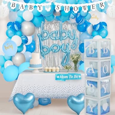 Baby Shower Decorations for Boy - All-in-One Inclusive Baby Boy Shower Blue Decorations JUMBO 165 Pcs Set - Welcome First Birthday Photo Shoot Decor Balloons Arch Boxes with Letters Kit - Image 1