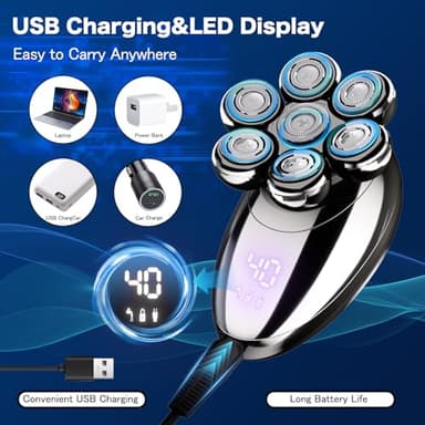 Head Shavers for Bald Men, Electric Razor, IPX8 Waterproof Dry/Wet Bald Head Shaver with 10000 RPM High-Speed Motor, Rechargeable Head Razor with LED Display, USB-C Cable, Perfect for Home & Travel - Image 6