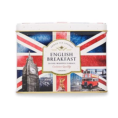 Ahmad Tea Black Tea, Nostalgic Britain Metal Caddy, English Breakfast Tea, 20 foil teabags - Caffeinated & Sugar-Free - Image 1