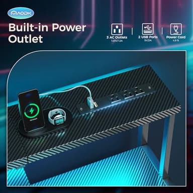 AODK Computer Desk, 48 Inch Gaming Desk with Led Lights & Power Outlet, Office Desk with Storage Shelves, Reversible Desk with Monitor Shelf & Headphone Hook, Carbon Fiber Black - Image 4