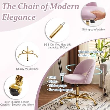 VINGLI Modern Velvet Small Office Chair,Cute Desk Chair With Wheels,Gold Base/Studs,Comfy Armless Swivel Vanity Task Chair For Women/Girl/Kids,Nail Tech Chair For Office,Small Space,Mauve Light Purple - Image 4