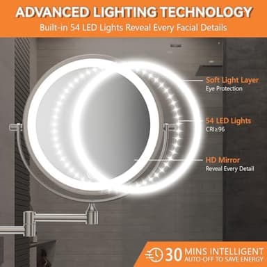 Auxmir 1X/30X Wall Mounted Lighted Makeup Mirror, 8" 3200 mAh Rechargeable Double-Sided Magnifying Mirror, Touch Dimmable 3 Color Lights, 360° Rotating Foldable 14.5" Extension Arm, Brushed Nickel - Image 7