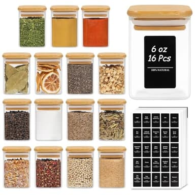 ComSaf 16Pcs Glass Spice Jars with Bamboo Lid, 6oz Airtight Square Containers with 275 Black Lables, Empty Seasoning Jars for Salt Sugar - Image 1