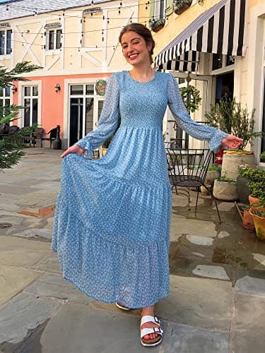 BTFBM Women Casual Long Sleeve Crew Neck Fall Dress Bohemian Relaxed Fit Floral Flowy Maxi Dresses Tiered Cocktail Dress(Floral Blue White,XX-Large) - Image 7