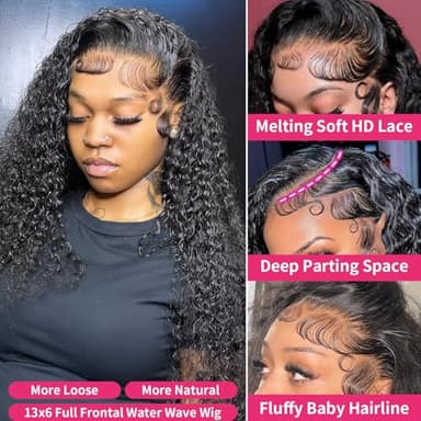 Jumida 30 Inch 13x6 Lace Front Wigs Human Hair Water Wave 200 Density 13x6 HD Full Lace Frontal Wigs Pre Plucked Wet and Wavy Glueless Deep Curly Human Hair Wigs for Women Natural Black - Image 2