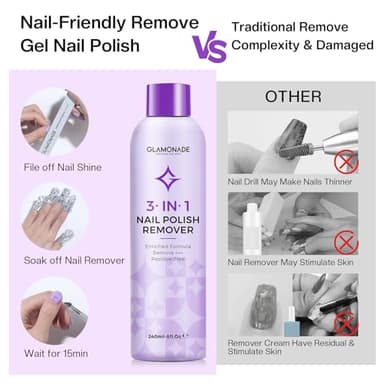 Glamonade Acetone Nail Polish Remover: Professional Soak off Gel Nail Polish Remover Enriched with Natural Grape Seed Oil 8 Fl Oz for Gel Acrylic Nail Glue Dip Powder for Home Salon - Image 3