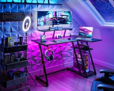 MOTPK Small Gaming Desk with LED Lights & Power Outlets, 39 Inch L Shaped Gaming Computer Desk with Storage Shelf, Gamer Table with Monitor Stand, PC Table with Carbon Fiber Texture, Black - Image 2