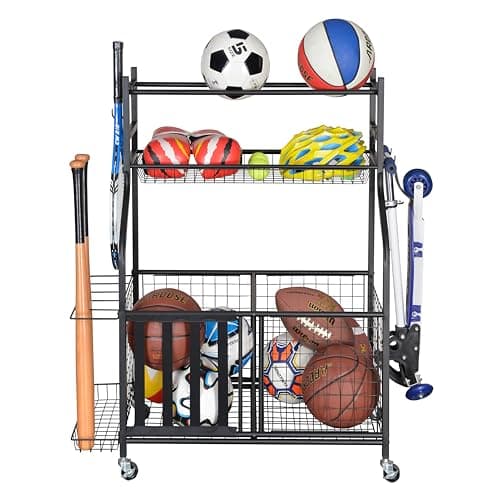 Snail Garage Storage System Sports Equipment Organizer with Baskets and Hooks, Sports Gear and Ball Storage Rack with Wheels for Garages, Playgroup, Gym and Schools, Powder Coated Steel, Black - Image 1