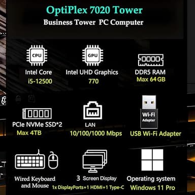 Dell OptiPlex 7020 Desktop Computer, 7000 Tower Dekstop PC, Intel Hexa-Core i5-12500 (Beat i7-11700), 32GB DDR5 RAM, 1TB PCIe SSD, DVDRW, USB WiFi Adapter, RJ-45, HDMI, DisplayPort, Windows 11 Pro - Image 2