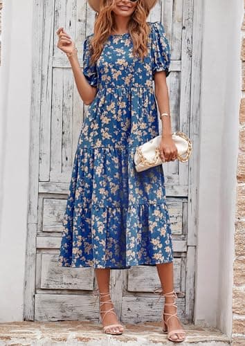 PRETTYGARDEN Summer Dresses for Women 2025 Casual Floral Boho Midi Sun Dress Puff Short Sleeve Flowy Beach Vacation Sundress (Blue Apricot,Small) - Image 4