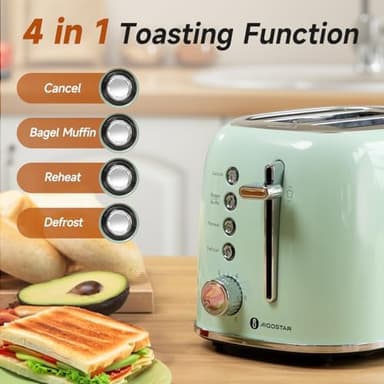 Aigostar Toaster 2 Slice Retro Toaster Stainless Steel, 1.6 inch Extra Wide Slots Bread Toaster Bagel, Cancel, Defrost Function, 6 Shade Settings & Removable Crumb Tray for Bread Waffle, Aqua Green - Image 4