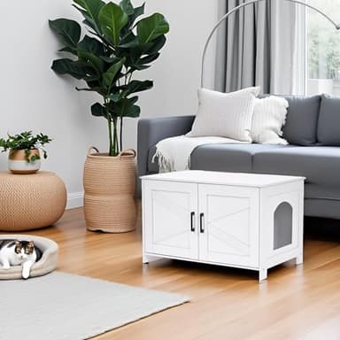 Homhedy Cat Litter Box Enclosure, Wooden Cat Washroom Furniture with Barn Door, Pet House, Fit Most of Litter Box, White - Image 7