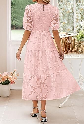 ZESICA Women's 2025 Summer Short Puff Sleeve Crewneck Smocked Floral Lace Flowy A Line Tiered Maxi Dresses,Pink,Large - Image 4