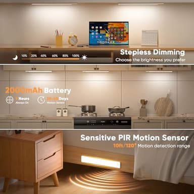 Under Cabinet Lighting, Motion Sensor Light Indoor, USB Rechargeable Battery Operated with Magnetic Closet, Kitchen, Counter, Motion-Activated Auto Shut-Off, Eye-Care Gradual Brightness (2-Pack) - Image 2