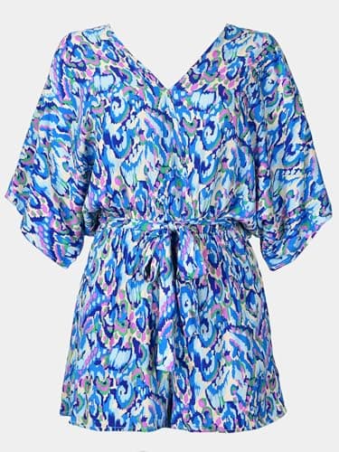 CUPSHE Women's Summer Romper V Neck 3/4 Sleeve Loose Drawstring Vacation Mini Jumpsuit Wide Leg Outfit Blue, M - Image 3