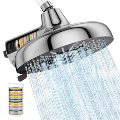 SR SUN RISE High Pressure Shower Head with Filters, 8-Inch Fixed Rain Showerhead with 2 Quick- Change Shower Filter Replacement Cartridges, 18-stage Hard Water Softner Removes Chlorine, Chrome - Image 1