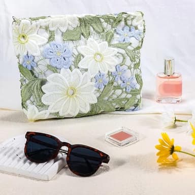 URSKYTOUS Flower Makeup Bags Travel Large Floral Cosmetic Bag for Women Cute Makeup Pouch Zippered Portable Toiletry Bag Lace Trendy Aesthetic Make up Organizer Bag Cosmetic Pouch for Purse - Image 7