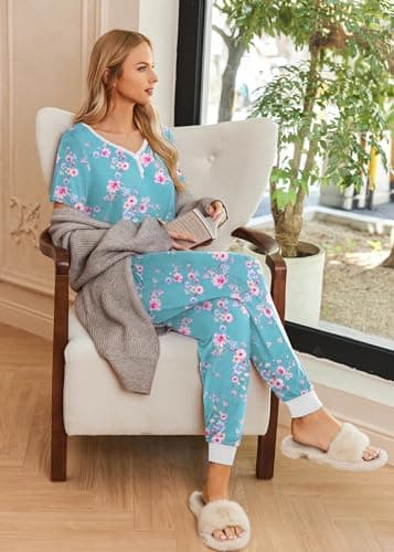 Ekouaer Pajamas for Women Set 2 Piece Lounge Set Short Sleeve Pjs Joggers Long Pants Sleepwear with Pockets - Image 3