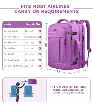 50L Carry On Backpack, Extra Large Laptop Backpack, Travel Backpack for Women, Expandable Water Resistant Big Bag Anti-Theft Business Daypack Fit 17 Inch Laptop with USB Port,Purple - Image 5