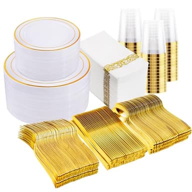 I00000 700Pcs Gold Dinnerware Set for 100 Guests, Plastic Plates for Party, Include: 100 Rim Dinner Plate, 100 Dessert Plate, 100 Paper Napkins, 100 Cups, 100 Gold Plastic Silverware Set - Image 1