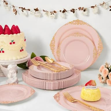 Joyido 125PCS Pink and Gold Plastic Plates - Pink Disposable Plates - Vintage Plate with Gold Plastic Silverware Set for 25 Guests for Weddings Parties - Image 7