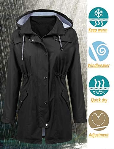 Women Rain Jacket Belted Adjustment Hooded Long Lightweight Packable Outerwear Waterproof Breathable Cotton Lined Raincoat Black M - Image 2