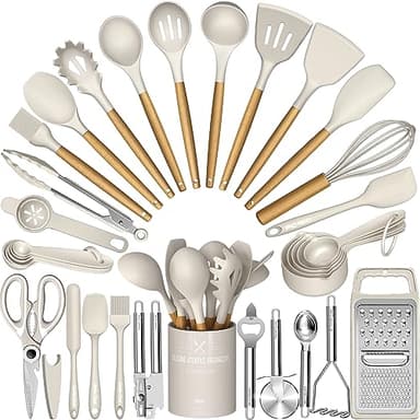 Umite Chef Silicone Kitchen Utensil Set, 34PCS Heat Resistant Kitchen Gadgets and Tools With Grater, Wood Handles for Nonstick Cookware - Image 1